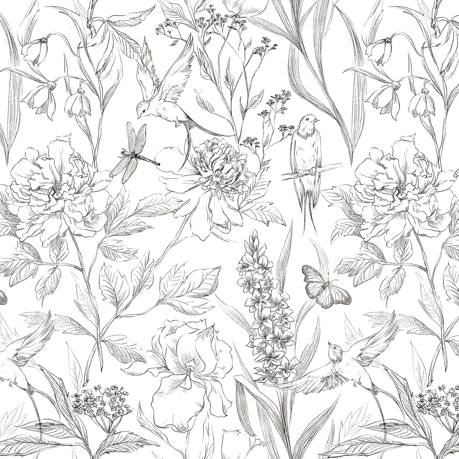 Black White Birds Floral Peel and Stick Wallpaper