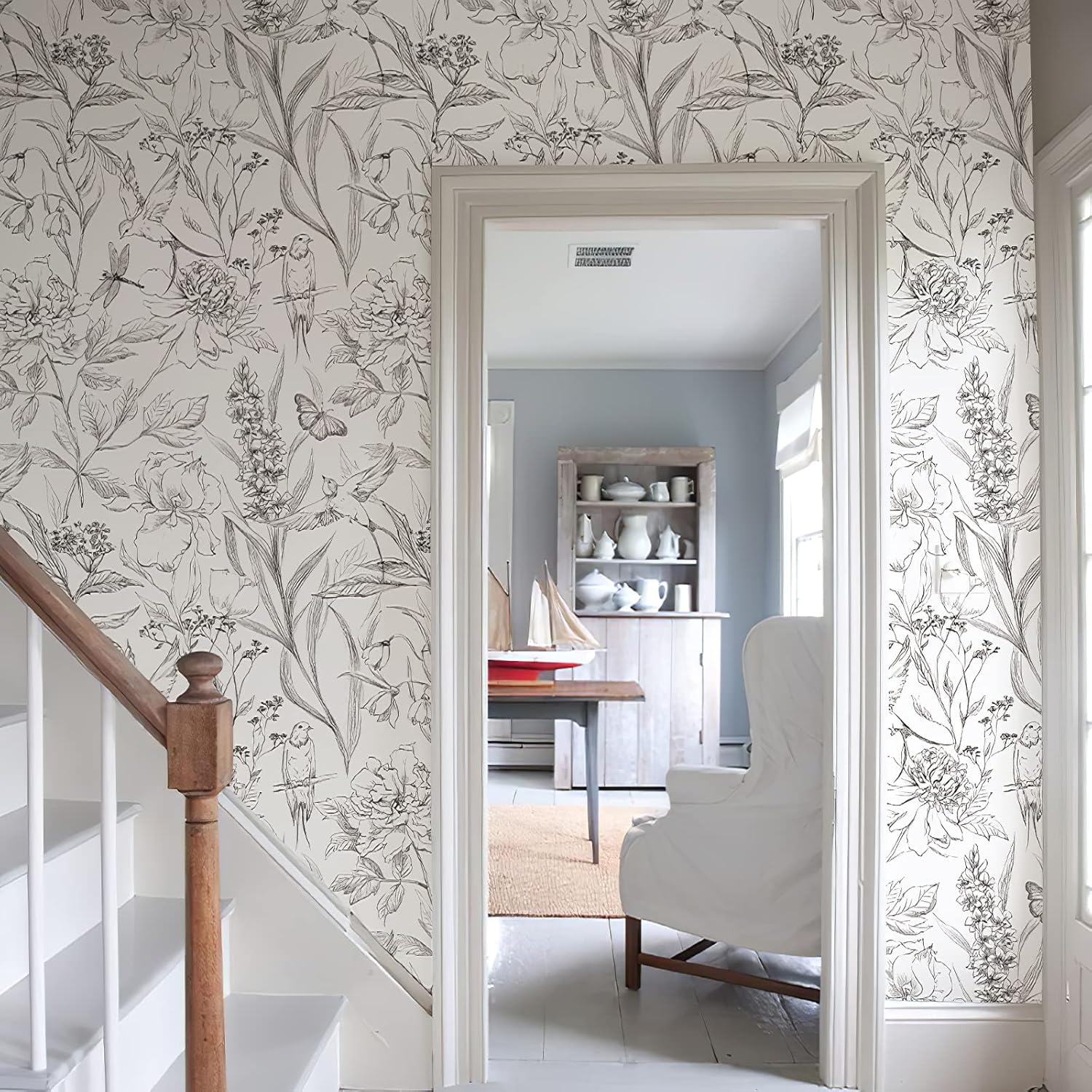 Black White Birds Floral Peel and Stick Wallpaper - Image 2