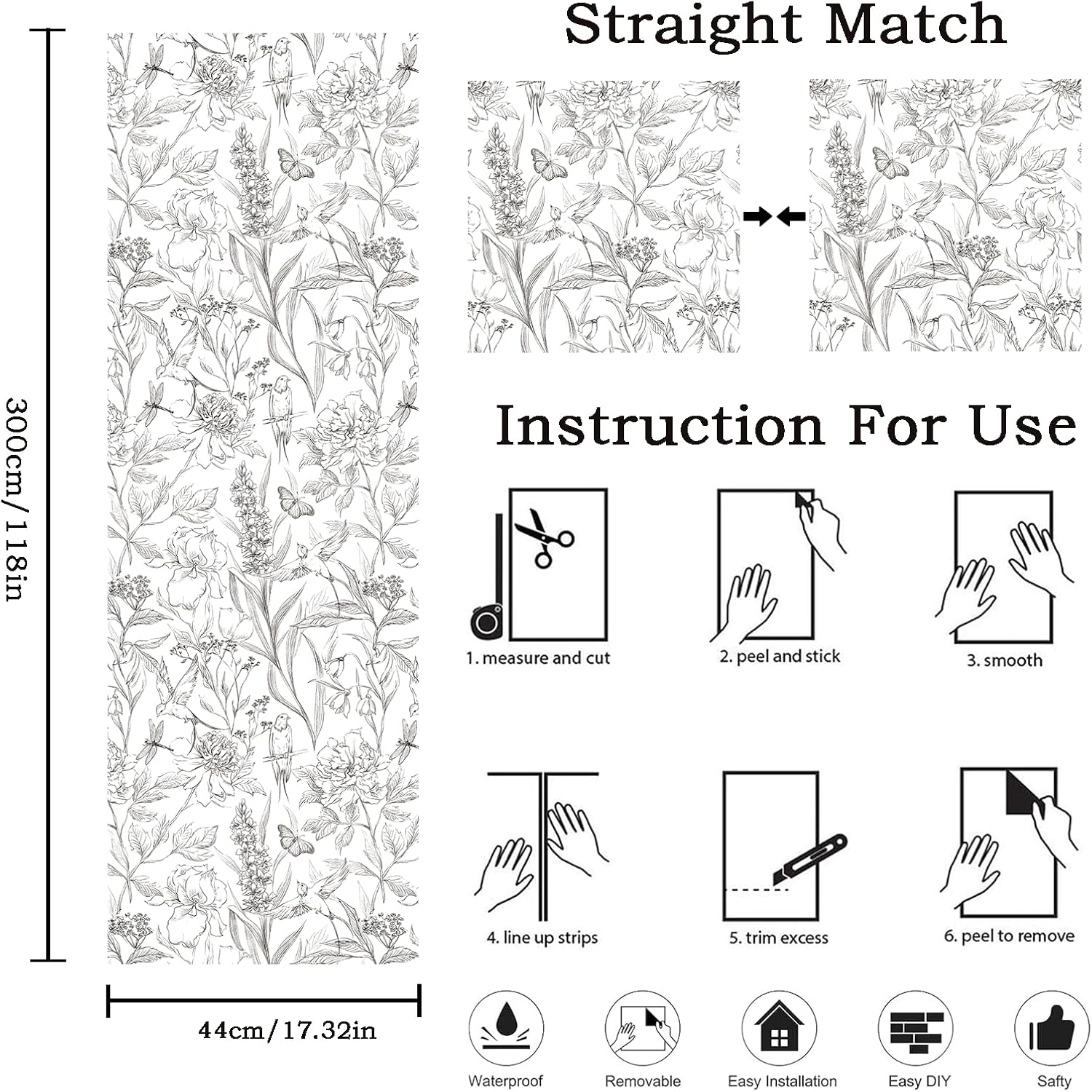 Black White Birds Floral Peel and Stick Wallpaper - Image 5