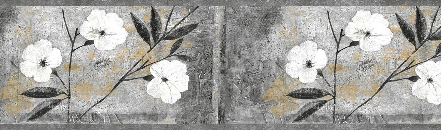 Floral White, Gray, Brown, Black Abstract Flowers Peel and Stick Border