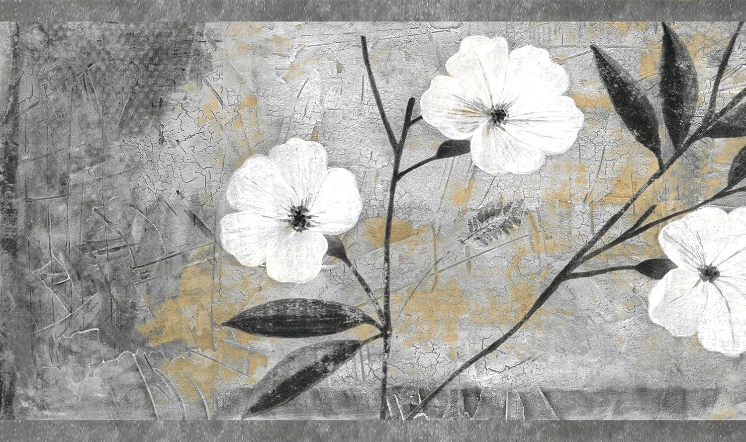 Floral White, Gray, Brown, Black Abstract Flowers Peel and Stick Border - Image 2