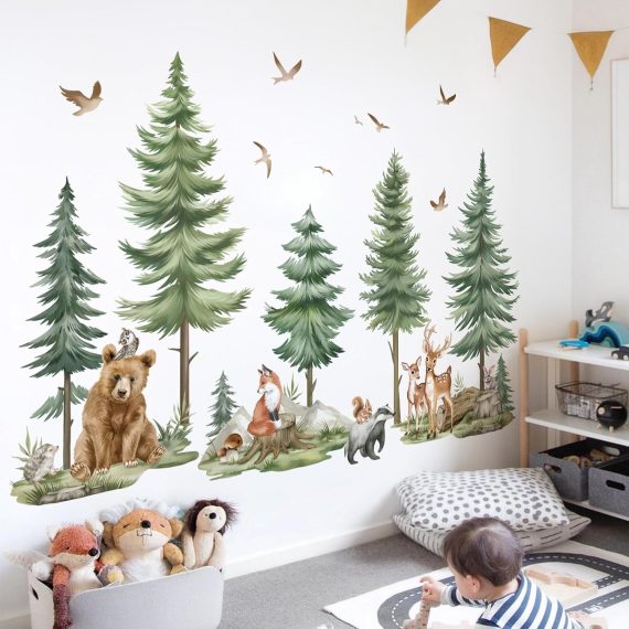 Large Pine Tree Forest Animals Bear Deer Peel and Stick Wall Art Decals - Image 3