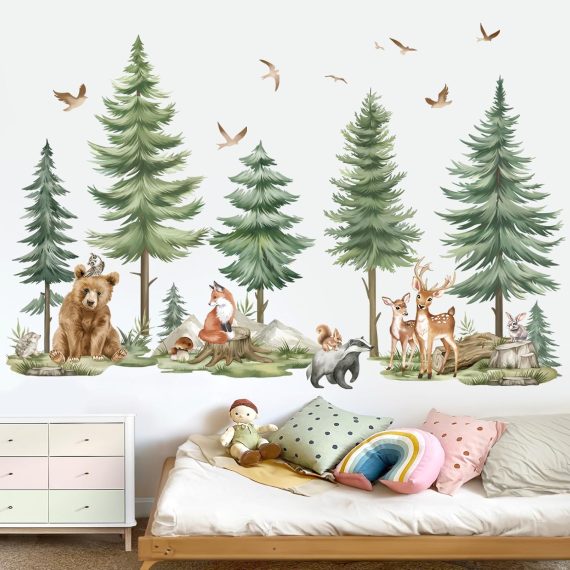 Large Pine Tree Forest Animals Bear Deer Peel and Stick Wall Art Decals