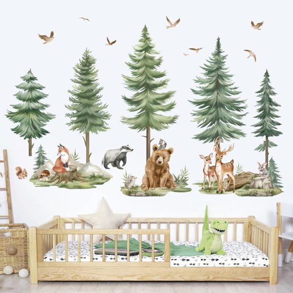 Large Pine Tree Forest Animals Bear Deer Peel and Stick Wall Art Decals - Image 2