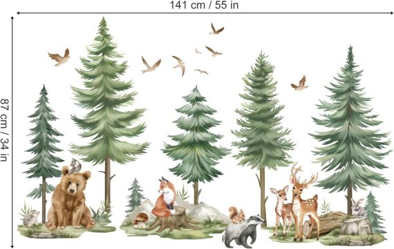 Large Pine Tree Forest Animals Bear Deer Peel and Stick Wall Art Decals - Image 4