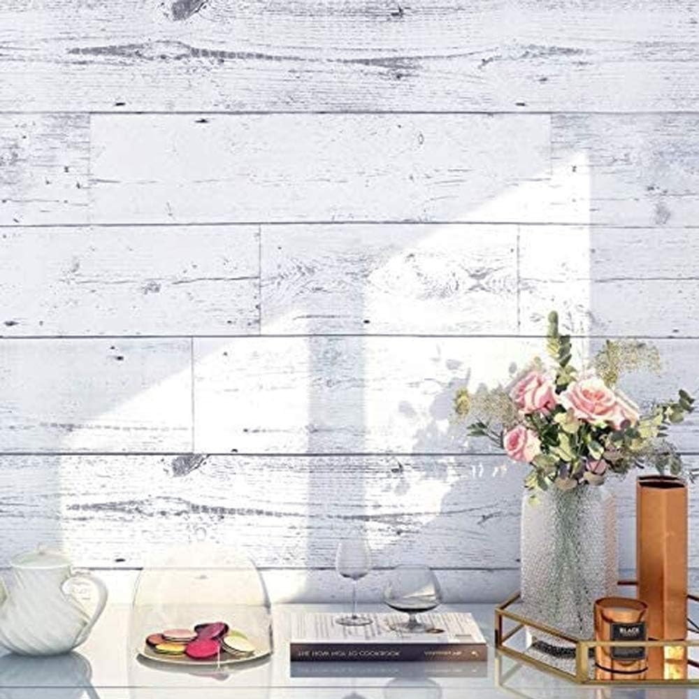 Shiplap Light Grey/White Distressed Wood Plank Peel and Stick Wallpaper