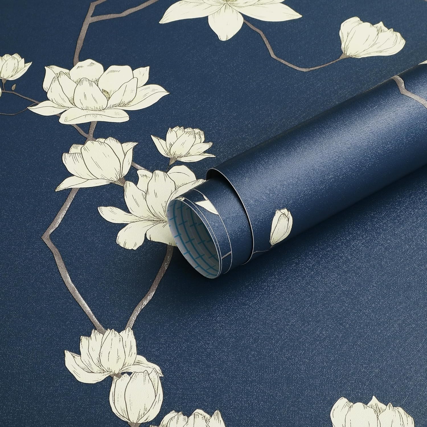 Vintage Floral Wallpaper Dark Blue & Beige Peel and Stick Removable Mural Wallpaper