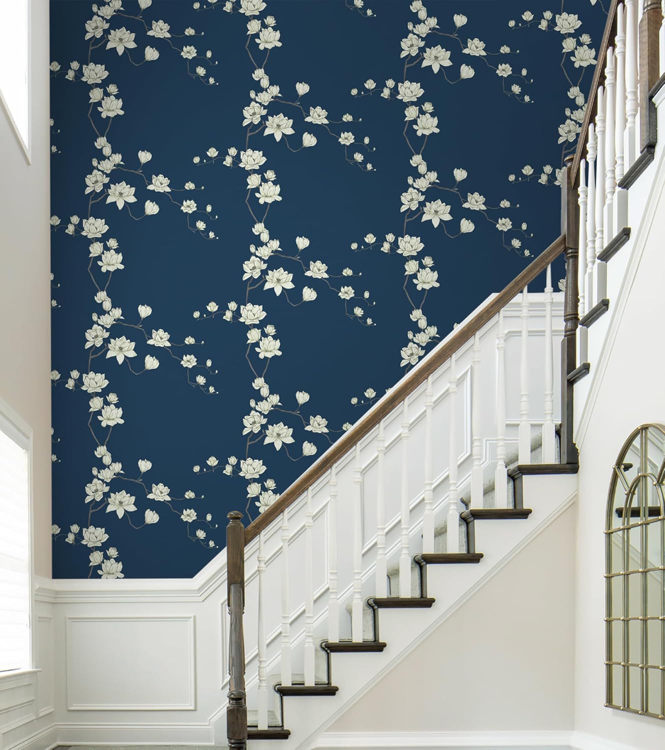 Vintage Floral Wallpaper Dark Blue & Beige Peel and Stick Removable Mural Wallpaper - Image 2