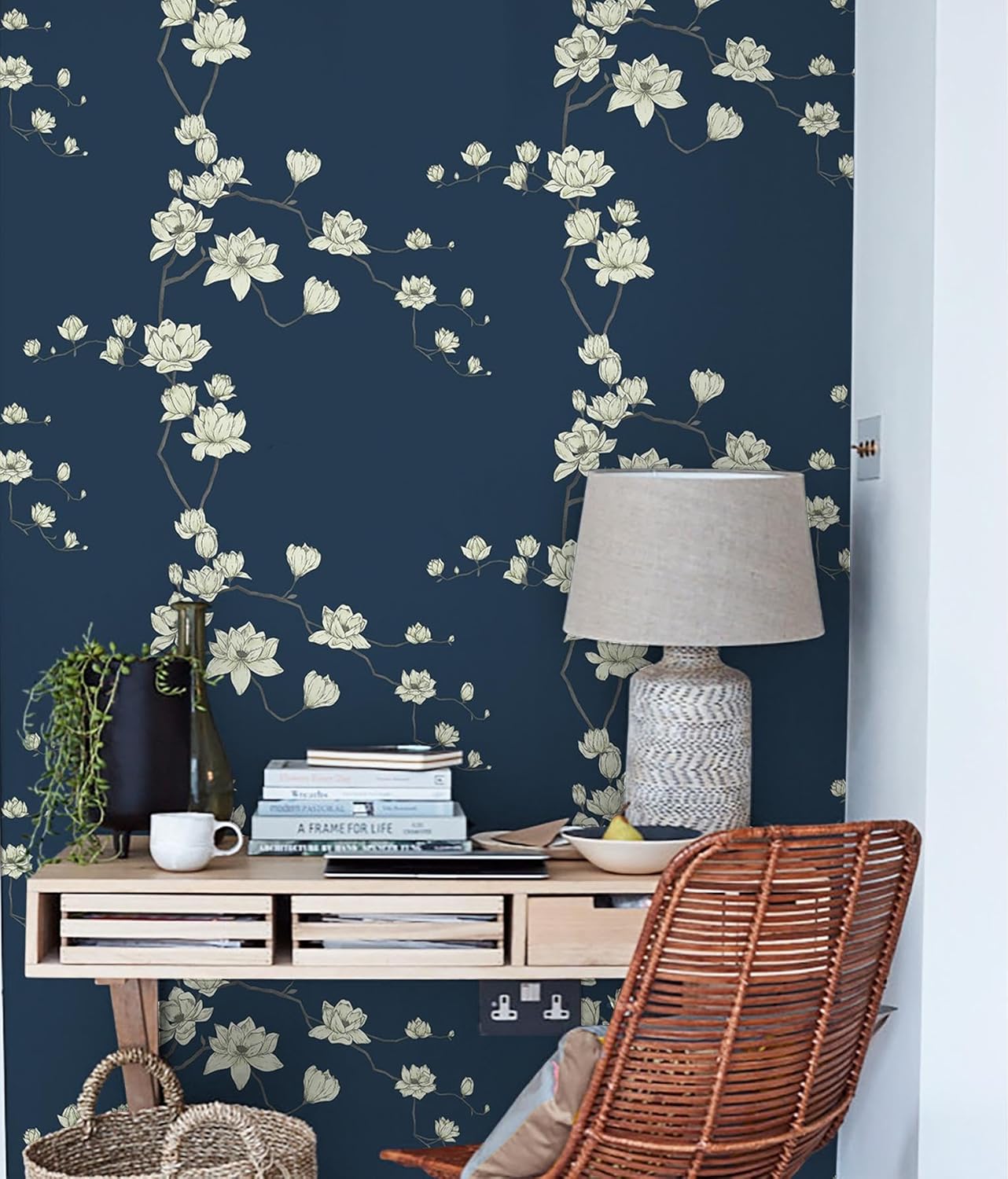 Vintage Floral Wallpaper Dark Blue & Beige Peel and Stick Removable Mural Wallpaper - Image 3