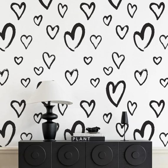 White and Black Heart Peel and Stick Wallpaper