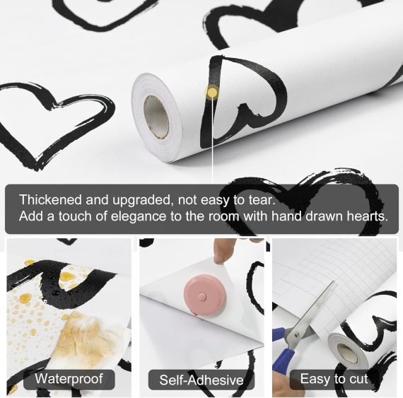 White and Black Heart Peel and Stick Wallpaper - Image 4